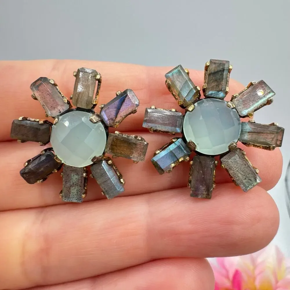 Labradorite Baguette Faceted Chalcedony 925 Sterling Silver Sunburst Earrings - Picture 5 of 14